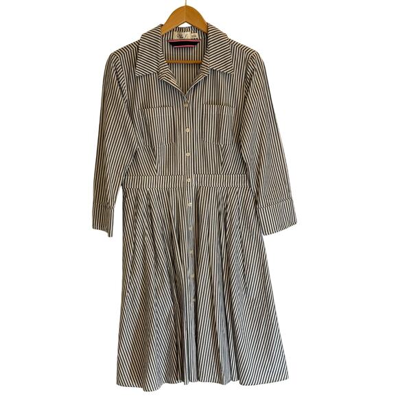 ELIZA J DRESS Shirt Dress Blue White Stripe Button Down Cotton Fit Flare Size 12 - Picture 2 of 8